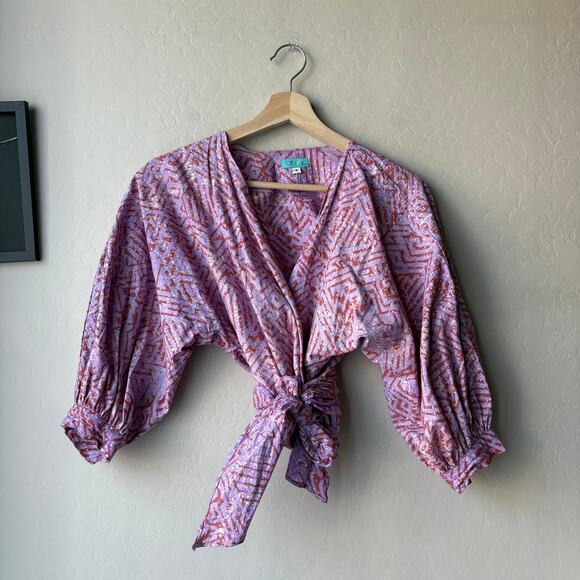 Sika Wrap Top Cotton Printed Lilac Rust 3/4 Sleeve Tie Front Cropped Top Size 4 - Picture 1 of 7